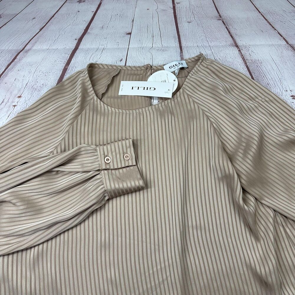 Gilli Striped Satin Blouse Womens Medium Mocha Raglan Long Sleeve Button Cuffs